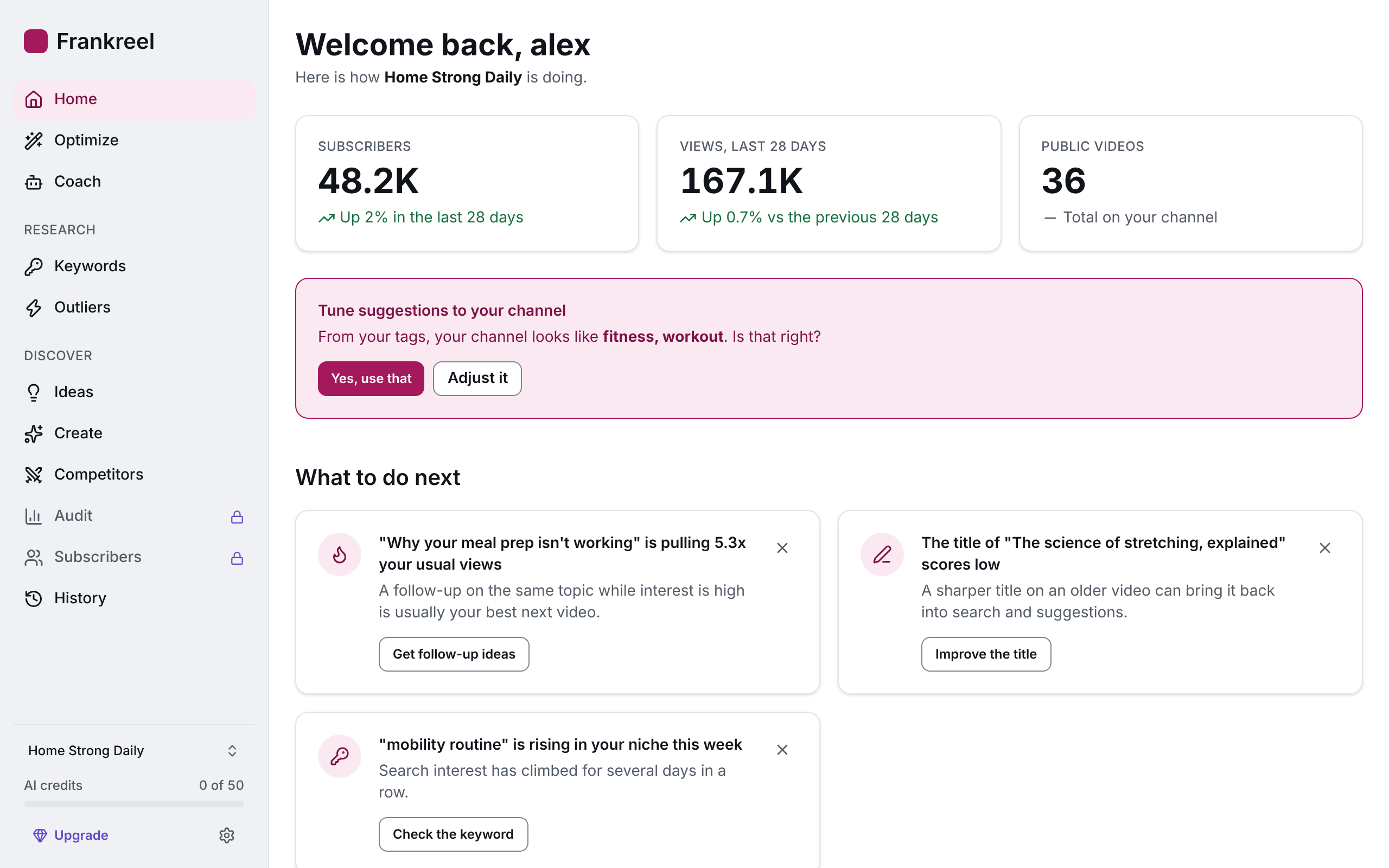 The Frankreel home screen: channel stats, today's ideas and suggested next steps.